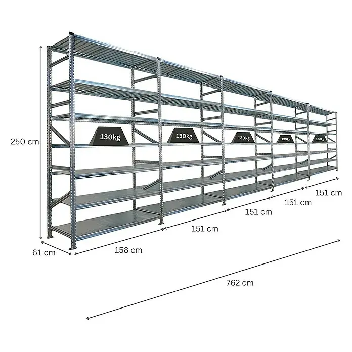 Proregal Metallregal Fachbodenregal PROXIMO 1x Grundregal + 4x Anbauregal - Traglast pro Boden: 200 kg, Anzahl Böden: 7 Stk., Stecken, Verzinkt - Abbildung eines Schwerlastregals aus Metall mit mehreren Ebenen, das für hohe Lasten ausgelegt ist, mit Gewichtsangaben versehen.