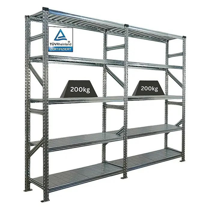 Proregal Metallregal Fachbodenregal PROXIMO 1x Grundregal + 1x Anbauregal - Traglast pro Boden: 200 kg, Anzahl Böden: 5 Stk., Stecken, Verzinkt - Metallregal mit vier Ebenen und zwei 200kg Gewichten, zertifiziert durch TÜV Rheinland.