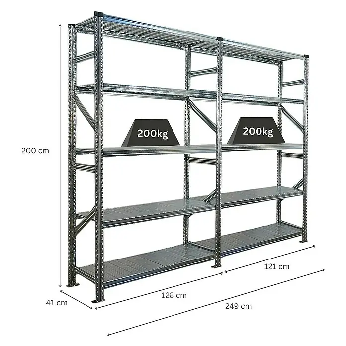 Proregal Metallregal Fachbodenregal PROXIMO 1x Grundregal + 1x Anbauregal - Traglast pro Boden: 200 kg, Anzahl Böden: 5 Stk., Stecken, Verzinkt - Abbildung eines Schwerlastregals aus Metall mit mehreren Ebenen, die jeweils mit Gewichten von 200 kg belastet sind.