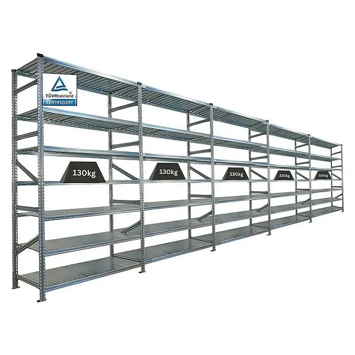 Proregal Metallregal Fachbodenregal PROXIMO 1x Grundregal + 4x Anbauregal - Traglast pro Boden: 200 kg, Anzahl Böden: 7 Stk., Stecken, Verzinkt - Schwerlastregal mit mehreren Ebenen und Gewichtsangabe auf den oberen Regalböden. Solide Konstruktion für hohe Belastbarkeit.