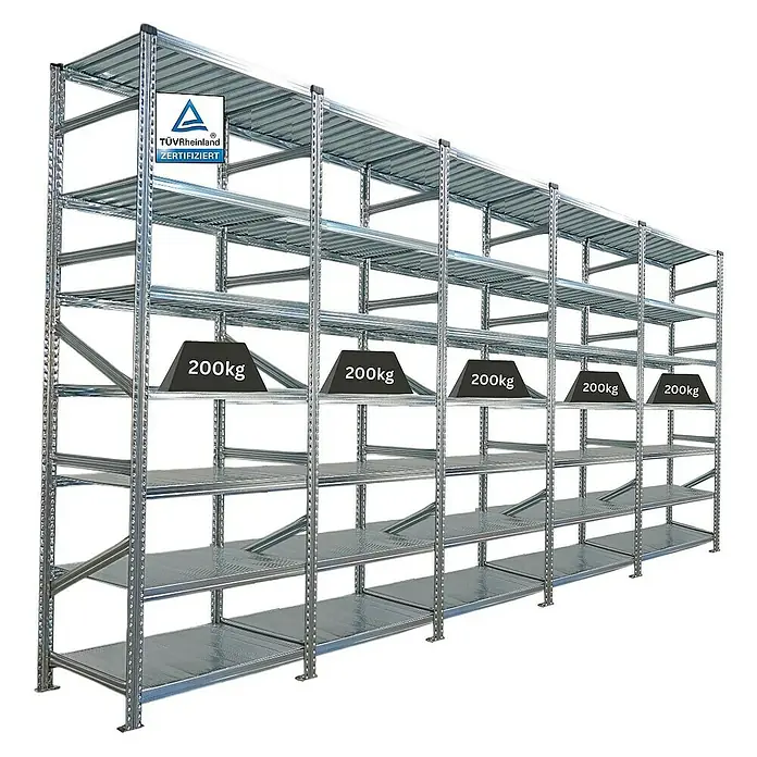 Proregal Metallregal Fachbodenregal PROXIMO 1x Grundregal + 4x Anbauregal - Traglast pro Boden: 200 kg, Anzahl Böden: 7 Stk., Stecken, Verzinkt - Schwerlastregal mit mehreren Ebenen, ideal für Lagerung. TÜV Rheinland zertifiziert und belastbar bis 200kg pro Ebene.