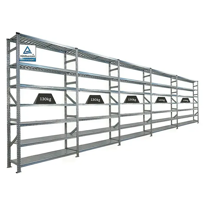 Proregal Metallregal Fachbodenregal PROXIMO 1x Grundregal + 4x Anbauregal - Traglast pro Boden: 200 kg, Anzahl Böden: 7 Stk., Stecken, Verzinkt - Lagerregal mit fünf Regalebenen, belastbar bis 130kg, TÜV-Rheinland zertifiziert. Ideal für Lager und Werkstatt.