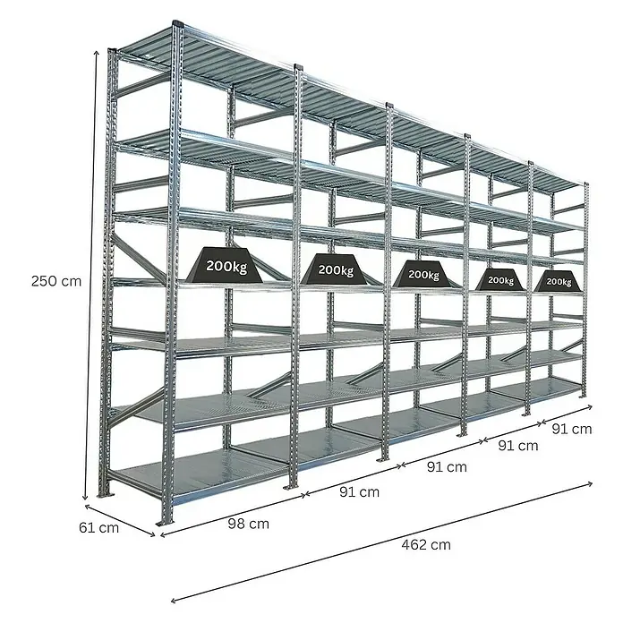 Proregal Metallregal Fachbodenregal PROXIMO 1x Grundregal + 4x Anbauregal - Traglast pro Boden: 200 kg, Anzahl Böden: 7 Stk., Stecken, Verzinkt - Ansicht eines Schwerlastregals mit mehreren Ebenen und Gewichtsangaben, das für Lagerzwecke geeignet ist.