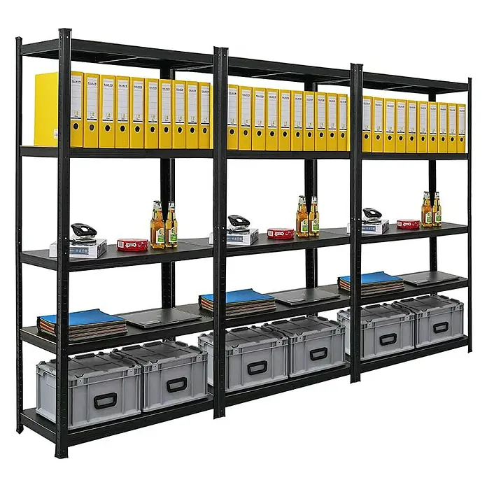 Proregal Metallregal Wohnregal Mega Deal Ragnar - H x B x T: 180 x 90 x 40 cm, Traglast pro Boden: 100 kg, Anzahl Böden: 4 Stk., Stecken, Schwarz - Regal mit Ordnern, Boxen und Büroartikeln. Das schwarze Metallregal ist mit gelben Ordnern, Getränken und Büroartikeln bestückt.