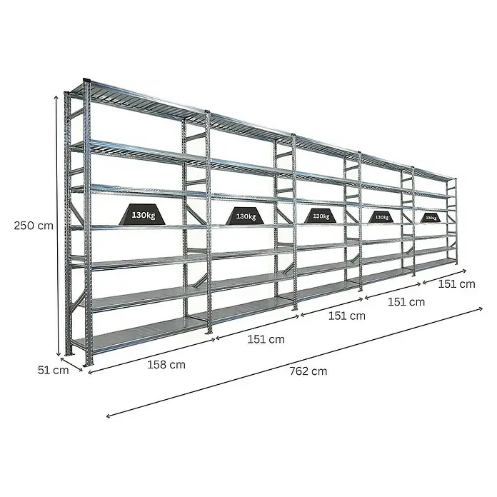 Proregal Metallregal Fachbodenregal PROXIMO 1x Grundregal + 4x Anbauregal - Traglast pro Boden: 200 kg, Anzahl Böden: 7 Stk., Stecken, Verzinkt - Abbildung eines robusten Metallregalsystems mit mehreren Ebenen zur Lagerung, einschließlich Gewichtsangaben.