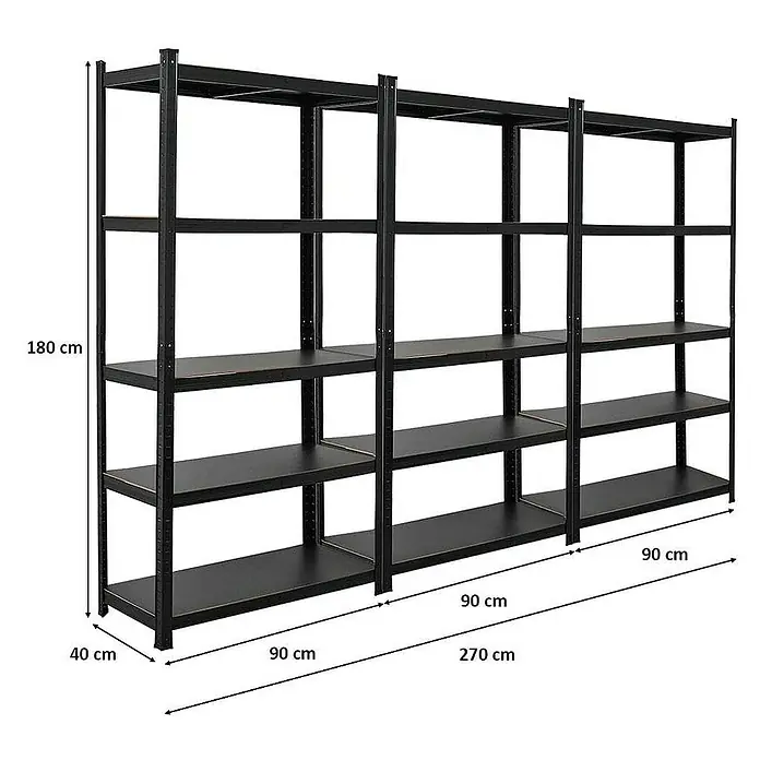 Proregal Metallregal Wohnregal Mega Deal Ragnar - H x B x T: 180 x 90 x 40 cm, Traglast pro Boden: 100 kg, Anzahl Böden: 4 Stk., Stecken, Schwarz - Abbildung eines schwarzen Metallregals mit fünf Regalböden und den Maßen 180x90x40 cm zur Aufbewahrung.