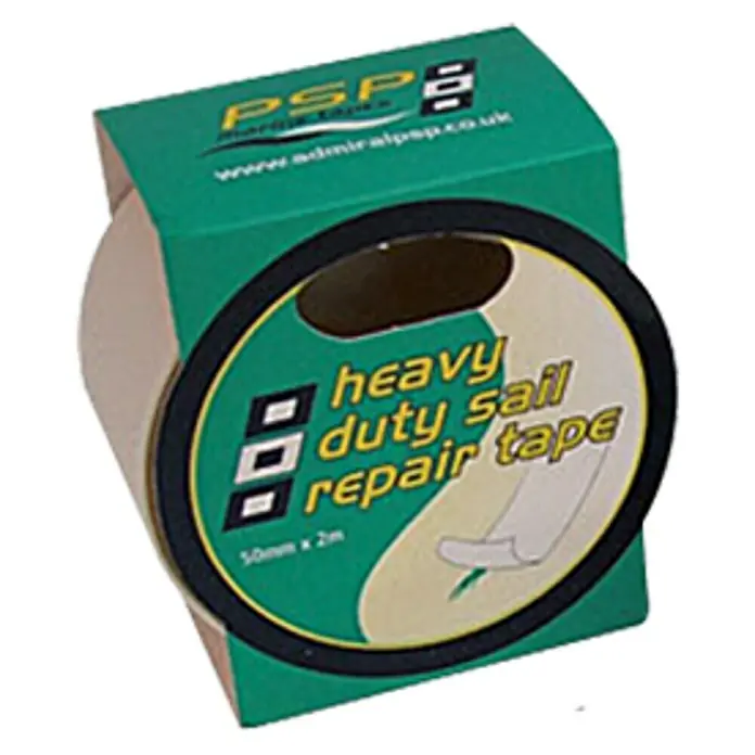 PSP Reparaturtuch - Geeignet für: Segeltuchreparaturen, 2 m x 50 mm, Weiß - Abbildung einer Rolle strapazierfähigem Segelreparatur-Klebeband von PSP, präsentiert in einer grünen Kartonverpackung mit Markendetails.