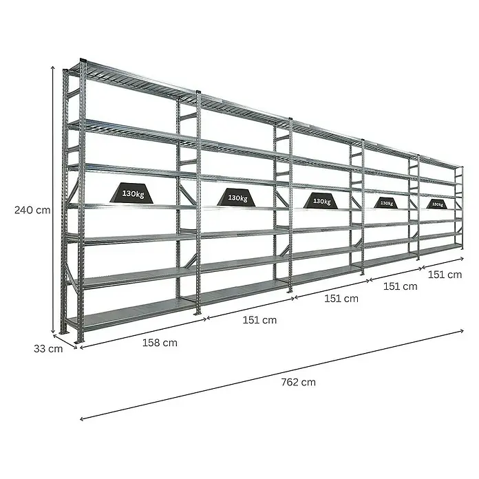 Proregal Metallregal Fachbodenregal PROXIMO 1x Grundregal + 4x Anbauregal - H x B x T: 240 x 150 x 32 cm, Traglast pro Boden: 200 kg, Anzahl Böden: 7 Stk., Stecken, Verzinkt - Aufnahme eines langen, verzinkten Schwerlastregals mit mehreren Fächern und Gewichtsangaben.