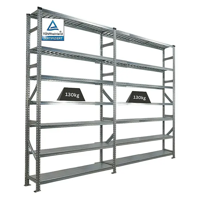 Proregal Metallregal Fachbodenregal PROXIMO 1x Grundregal + 1x Anbauregal - H x B x T: 240 x 150 x 32 cm, Traglast pro Boden: 200 kg, Anzahl Böden: 7 Stk., Stecken, Verzinkt - Stabiles Metallregal mit mehreren Ebenen, zertifiziert für eine Traglast von 130 kg pro Ebene, ideal für Lagerung.