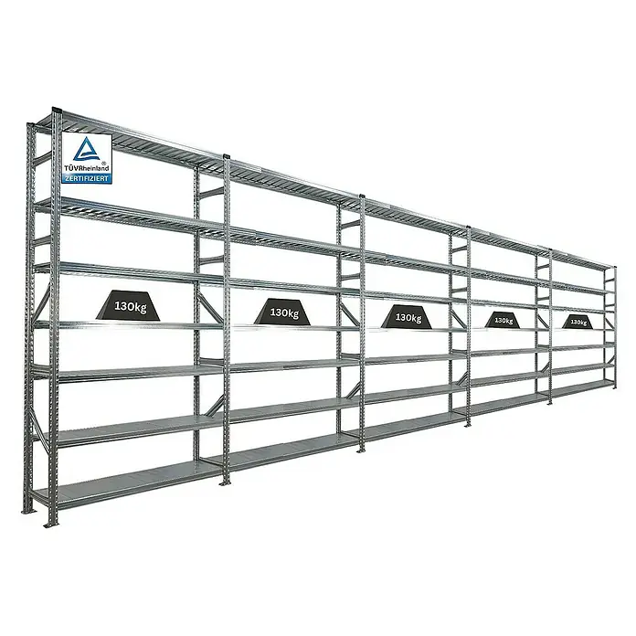 Proregal Metallregal Fachbodenregal PROXIMO 1x Grundregal + 4x Anbauregal - H x B x T: 240 x 150 x 32 cm, Traglast pro Boden: 200 kg, Anzahl Böden: 7 Stk., Stecken, Verzinkt - Langes, stabiles Schwerlastregal mit fünf Ebenen, zertifiziert durch TÜV Rheinland, ideal für Lagerhaltung und Organisation.