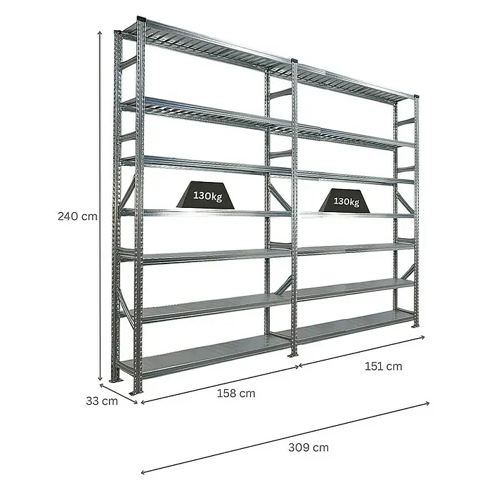 Proregal Metallregal Fachbodenregal PROXIMO 1x Grundregal + 1x Anbauregal - H x B x T: 240 x 150 x 32 cm, Traglast pro Boden: 200 kg, Anzahl Böden: 7 Stk., Stecken, Verzinkt - Bild eines Regalsystems mit mehreren Ebenen und Gewichtsangaben.