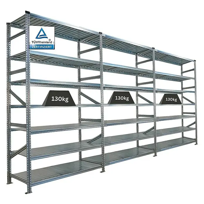 Proregal Metallregal Fachbodenregal PROXIMO 1x Grundregal + 2x Anbauregal - H x B x T: 240 x 150 x 60 cm, Traglast pro Boden: 200 kg, Anzahl Böden: 7 Stk., Stecken, Verzinkt - Robustes Lagerregal aus Metall mit mehreren Ebenen, zertifiziert für hohe Belastungen, ideal für Lager und Werkstätten.