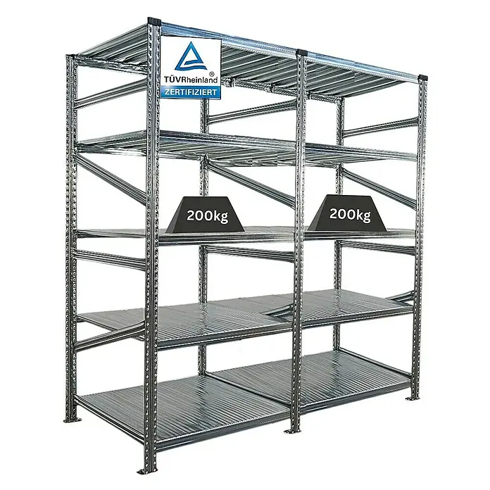 Proregal Metallregal Fachbodenregal PROXIMO 1x Grundregal + 1x Anbauregal - Traglast pro Boden: 200 kg, Anzahl Böden: 5 Stk., Stecken, Verzinkt - Abbildung eines robusten Metallregals mit mehreren Ebenen, belastet mit 200 kg Gewichten, zertifiziert durch TÜV Rheinland.