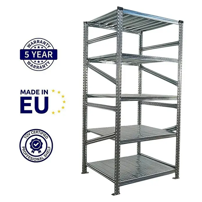 Proregal Metallregal Fachbodenregal PROXIMO 1x Grundregal + 1x Anbauregal - Traglast pro Boden: 200 kg, Anzahl Böden: 5 Stk., Stecken, Verzinkt - Abbildung eines silberfarbenen Metallregals mit fünf Ebenen, geeignet für Lagerung und Organisation.