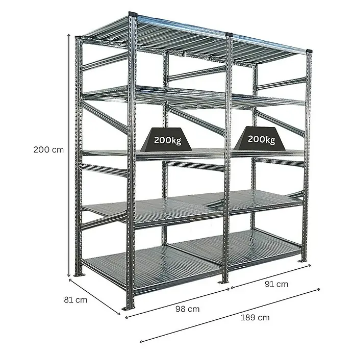 Proregal Metallregal Fachbodenregal PROXIMO 1x Grundregal + 1x Anbauregal - Traglast pro Boden: 200 kg, Anzahl Böden: 5 Stk., Stecken, Verzinkt - Bild eines Metallregals mit mehreren Ebenen und Gewichtsangaben.
