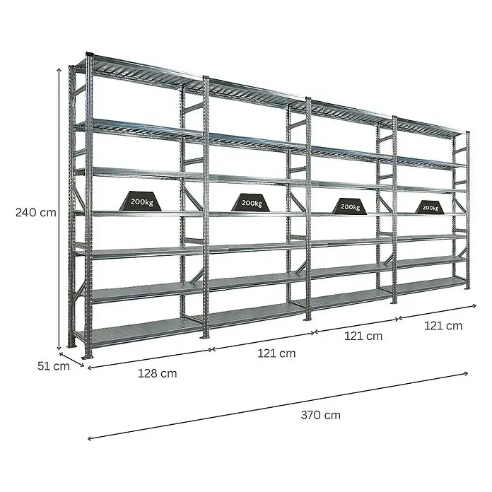 Proregal Metallregal Fachbodenregal PROXIMO 1x Grundregal + 3x Anbauregal - H x B x T: 240 x 120 x 50 cm, Traglast pro Boden: 200 kg, Anzahl Böden: 7 Stk., Stecken, Verzinkt - Ansicht eines robusten Schwerlastregals aus Metall mit mehreren Ebenen und Gewichtsangaben.