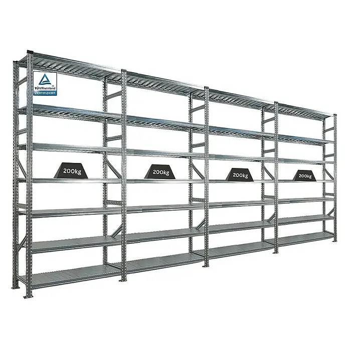 Proregal Metallregal Fachbodenregal PROXIMO 1x Grundregal + 3x Anbauregal - H x B x T: 240 x 120 x 50 cm, Traglast pro Boden: 200 kg, Anzahl Böden: 7 Stk., Stecken, Verzinkt - Abbildung eines Schwerlastregals mit mehreren Ebenen, das mit Gewichten von 200 kg pro Ebene belastet ist. Das Regal ist silbern und stabil.