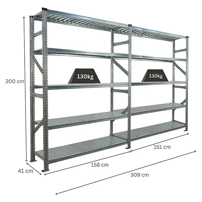 Proregal Metallregal Fachbodenregal PROXIMO 1x Grundregal + 1x Anbauregal - Traglast pro Boden: 130 kg, Anzahl Böden: 5 Stk., Stecken, Verzinkt - Stabiles Schwerlastregal aus Metall mit Maßen und Belastungsangaben, ideal für Lager und Werkstatt.