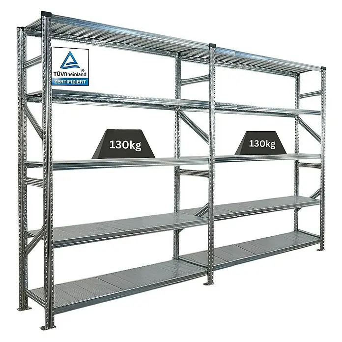 Proregal Metallregal Fachbodenregal PROXIMO 1x Grundregal + 1x Anbauregal - Traglast pro Boden: 130 kg, Anzahl Böden: 5 Stk., Stecken, Verzinkt - Regalsystem aus Metall, das eine maximale Belastung von 130kg pro Ebene aushält, TÜV-Rheinland zertifiziert für hohe Qualitätsstandards.
