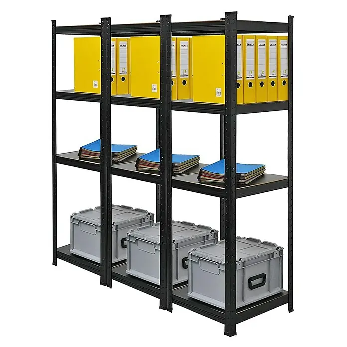 Proregal Metallregal Wohnregal Mega Deal Ragnar - H x B x T: 150 x 45 x 45 cm, Traglast pro Boden: 100 kg, Anzahl Böden: 4 Stk., Stecken, Schwarz - Lagerregal mit gelben Ordnern, blauen Dokumenten und grauen Kisten, ideal für Ordnung und Organisation im Lager oder Büro.