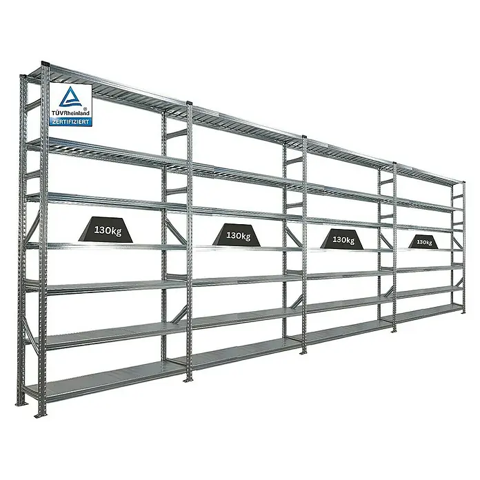 Proregal Metallregal Fachbodenregal PROXIMO 1x Grundregal + 3x Anbauregal - H x B x T: 240 x 150 x 32 cm, Traglast pro Boden: 200 kg, Anzahl Böden: 7 Stk., Stecken, Verzinkt - Bild eines robusten Metallregals mit mehreren Ebenen, zertifiziert für hohe Traglasten.