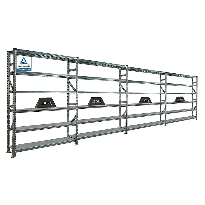 Proregal Metallregal Fachbodenregal PROXIMO 1x Grundregal + 3x Anbauregal - Traglast pro Boden: 200 kg, Anzahl Böden: 6 Stk., Stecken, Verzinkt - Metallregalsystem mit vier Ebenen und Gewichtsangaben.