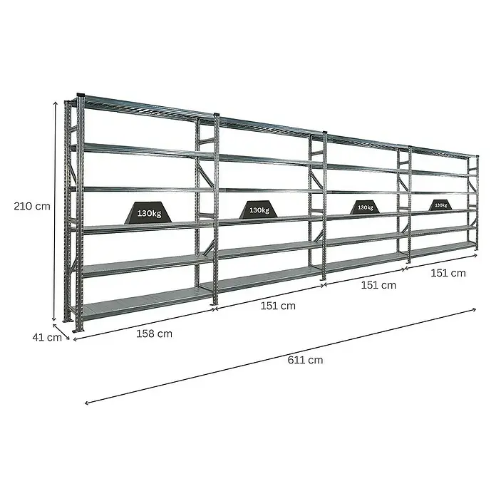 Proregal Metallregal Fachbodenregal PROXIMO 1x Grundregal + 3x Anbauregal - Traglast pro Boden: 200 kg, Anzahl Böden: 6 Stk., Stecken, Verzinkt - Metallregal mit vier Ebenen, ideal für Lagerung. Maximale Belastung von 130kg pro Ebene. Robuste Bauweise mit den Maßen 210x158x41 cm.