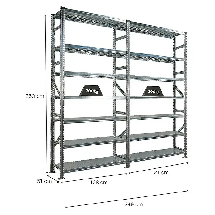 Proregal Metallregal Fachbodenregal PROXIMO 1x Grundregal + 1x Anbauregal - Traglast pro Boden: 200 kg, Anzahl Böden: 7 Stk., Stecken, Verzinkt - Regal mit Metallrahmen und mehreren Ablageflächen, ideal für Lagerung und Organisation.