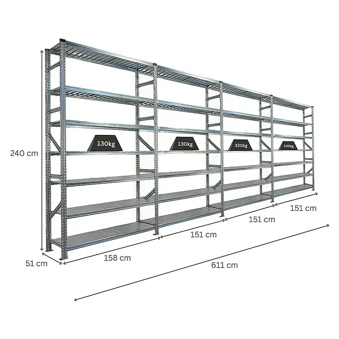 Proregal Metallregal Fachbodenregal PROXIMO 1x Grundregal + 3x Anbauregal - H x B x T: 240 x 150 x 50 cm, Traglast pro Boden: 200 kg, Anzahl Böden: 7 Stk., Stecken, Verzinkt - Ein langes, silbernes Schwerlastregal mit mehreren Ebenen und Gewichtsangaben.