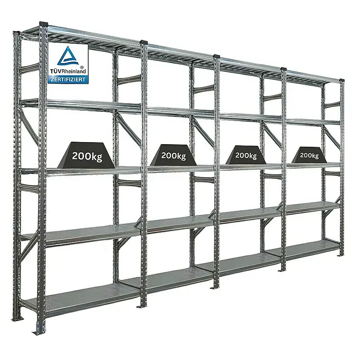 Proregal Metallregal Fachbodenregal PROXIMO 1x Grundregal + 3x Anbauregal - Traglast pro Boden: 200 kg, Anzahl Böden: 5 Stk., Stecken, Verzinkt - Regal mit mehreren Ebenen und Gewichtsangabe für Lagerzwecke.