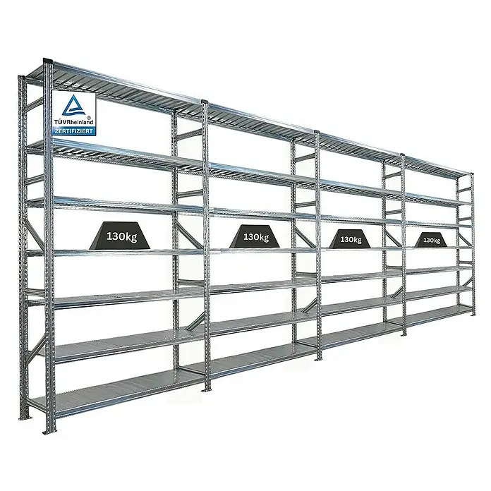 Proregal Metallregal Fachbodenregal PROXIMO 1x Grundregal + 3x Anbauregal - H x B x T: 240 x 150 x 50 cm, Traglast pro Boden: 200 kg, Anzahl Böden: 7 Stk., Stecken, Verzinkt - Regalsystem mit mehreren Ebenen, zertifiziert und mit 130 kg Last pro Ebene belastbar, ideal für Lagerhaltung.