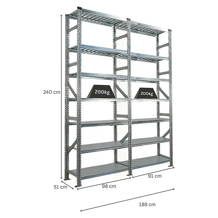 Proregal Metallregal Fachbodenregal PROXIMO 1x Grundregal + 1x Anbauregal - H x B x T: 240 x 90 x 50 cm, Traglast pro Boden: 200 kg, Anzahl Böden: 7 Stk., Stecken, Verzinkt - Bild eines Schwerlastregals mit Maßen und Gewichtsangabe. Das Regal ist silbern und hat mehrere Ablageflächen.