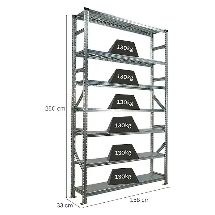 Proregal Metallregal Fachbodenregal PROXIMO Grundregal - Traglast pro Boden: 200 kg, Anzahl Böden: 7 Stk., Stecken, Verzinkt - Regal mit sechs Regalböden, beladen mit Gewichten. Die maximale Höhe beträgt 250 cm, die Breite 158 cm und die Tiefe 33 cm.