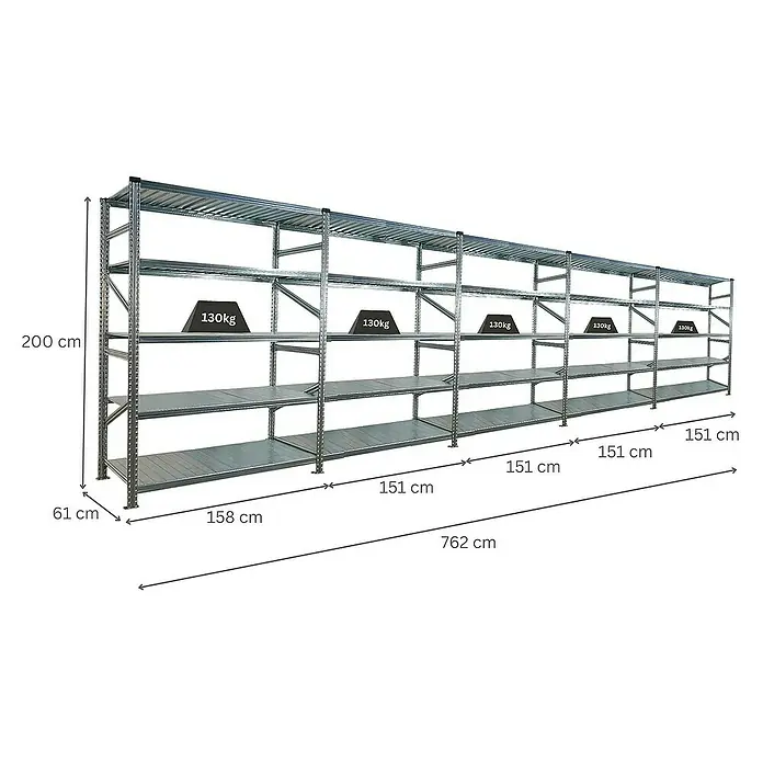 Proregal Metallregal Fachbodenregal PROXIMO 1x Grundregal + 4x Anbauregal - Traglast pro Boden: 130 kg, Anzahl Böden: 5 Stk., Stecken, Verzinkt - Ansicht eines langen Metallregals mit vier Ebenen, das mit Gewichten von 130 kg pro Fach belastet ist und die Abmessungen zeigt.