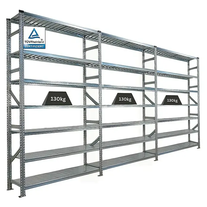 Proregal Metallregal Fachbodenregal PROXIMO 1x Grundregal + 2x Anbauregal - Traglast pro Boden: 200 kg, Anzahl Böden: 7 Stk., Stecken, Verzinkt - Lagerregal mit mehreren Ebenen und einer Gewichtsangabe von 130 kg pro Ebene zur sicheren Lagerung von Gegenständen.