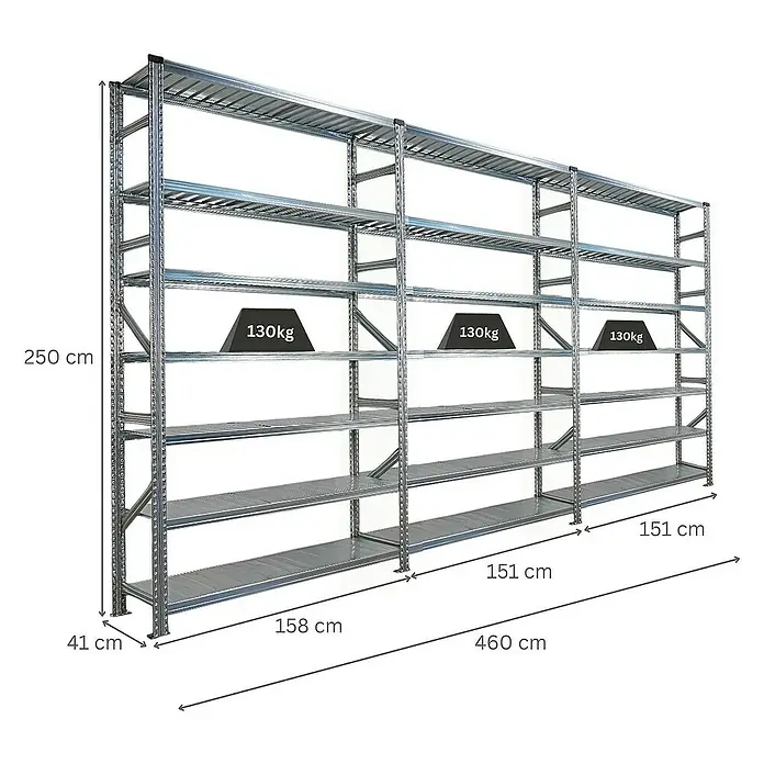 Proregal Metallregal Fachbodenregal PROXIMO 1x Grundregal + 2x Anbauregal - Traglast pro Boden: 200 kg, Anzahl Böden: 7 Stk., Stecken, Verzinkt - Ein großes, silbernes Metallregal mit mehreren Ebenen, das für schwere Lasten ausgelegt ist. Ideal für Lagerung mit einer Belastbarkeit von 130kg pro Ebene.