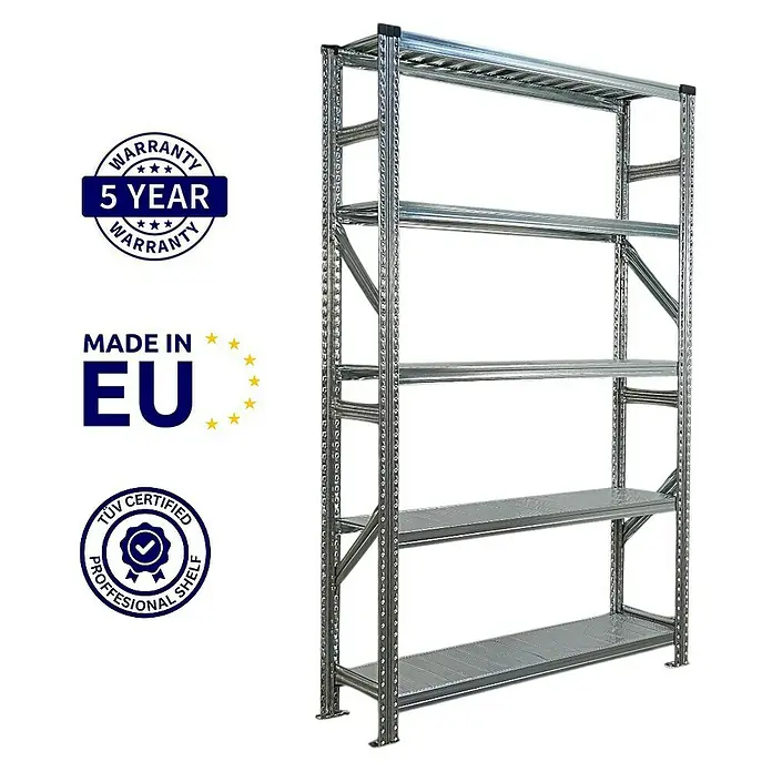 Proregal Metallregal Fachbodenregal PROXIMO Grundregal - Traglast pro Boden: 200 kg, Anzahl Böden: 5 Stk., Stecken, Verzinkt - Abbildung eines robusten, verzinkten Metallregals mit fünf Ebenen, ideal für Lager und Werkstätten.