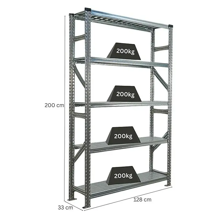 Proregal Metallregal Fachbodenregal PROXIMO Grundregal - Traglast pro Boden: 200 kg, Anzahl Böden: 5 Stk., Stecken, Verzinkt - Regal mit vier Ebenen, belastbar mit jeweils 200 kg. Robustes Metallregal für Lager und Werkstatt mit den Maßen 200x128x33 cm.
