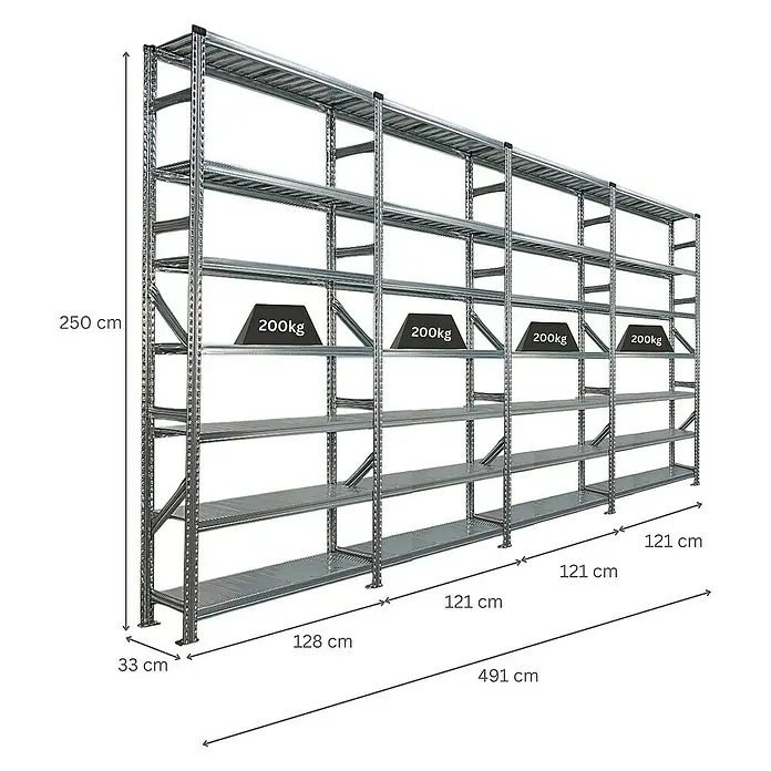 Proregal Metallregal Fachbodenregal PROXIMO 1x Grundregal + 3x Anbauregal - H x B x T: 250 x 120 x 32 cm, Traglast pro Boden: 200 kg, Anzahl Böden: 7 Stk., Stecken, Verzinkt - Ein großes, silbernes Schwerlastregal mit mehreren Ebenen und Gewichtsangaben.