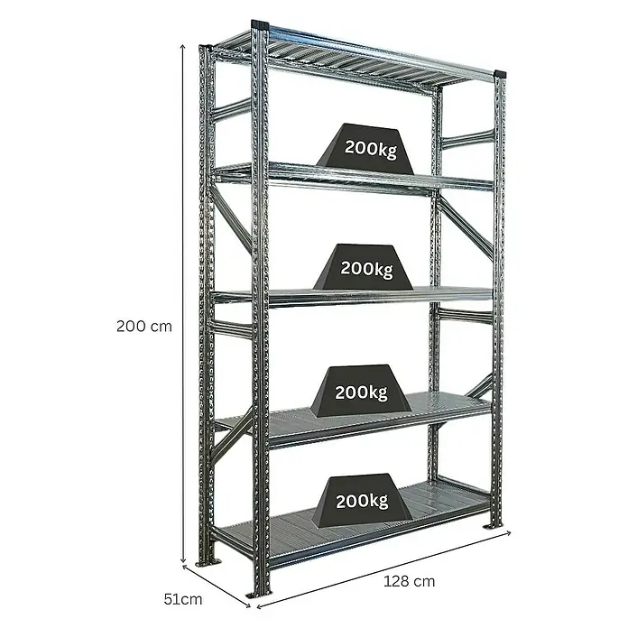 Proregal Metallregal Fachbodenregal PROXIMO Grundregal - Traglast pro Boden: 200 kg, Anzahl Böden: 5 Stk., Stecken, Verzinkt - Abbildung eines Schwerlastregals mit vier Ebenen und einer Traglast von 200 kg pro Ebene, Maße sind abgebildet.