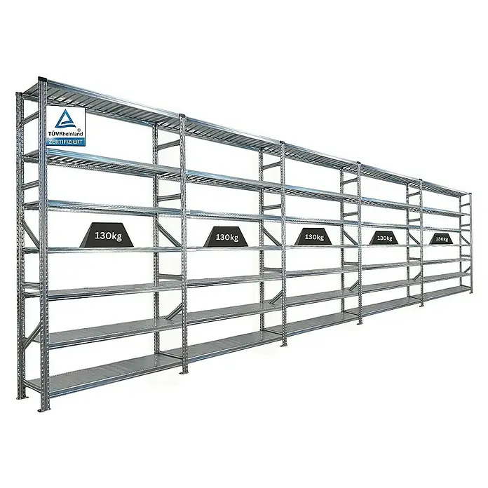 Proregal Metallregal Fachbodenregal PROXIMO 1x Grundregal + 4x Anbauregal - Traglast pro Boden: 200 kg, Anzahl Böden: 7 Stk., Stecken, Verzinkt - Schwerlastregal mit mehreren Ebenen und einer Traglast von 130 kg pro Ebene, ideal für Lager und Werkstätten.\n