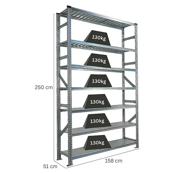 Proregal Metallregal Fachbodenregal PROXIMO Grundregal - Traglast pro Boden: 200 kg, Anzahl Böden: 7 Stk., Stecken, Verzinkt - Regal mit sechs Fächern, beladen mit je 130 kg, Abmessungen: Höhe 250 cm, Breite 158 cm, Tiefe 51 cm. Stabiles Lagerregal für schwere Lasten.