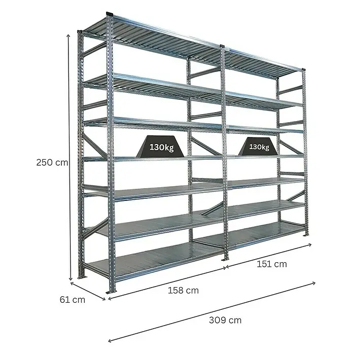 Proregal Metallregal Fachbodenregal PROXIMO 1x Grundregal + 1x Anbauregal - Traglast pro Boden: 200 kg, Anzahl Böden: 7 Stk., Stecken, Verzinkt - Regal mit mehreren Etagen, ideal für Lagerung und Organisation. Die Regale sind stabil und bieten viel Platz.