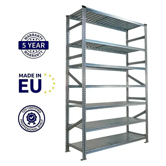 Proregal Metallregal Fachbodenregal PROXIMO 1x Grundregal + 1x Anbauregal - Traglast pro Boden: 200 kg, Anzahl Böden: 7 Stk., Stecken, Verzinkt - Abbildung eines robusten Metallregals mit sechs Ebenen, ideal für Lagerung und Organisation mit Qualitätszertifizierungen.