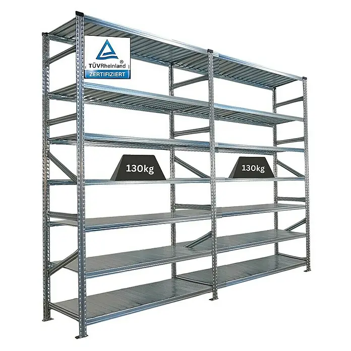 Proregal Metallregal Fachbodenregal PROXIMO 1x Grundregal + 1x Anbauregal - Traglast pro Boden: 200 kg, Anzahl Böden: 7 Stk., Stecken, Verzinkt - Das Bild zeigt ein stabiles, verzinktes Schwerlastregal mit mehreren Ebenen, zertifiziert durch TÜV Rheinland, belastbar mit bis zu 130kg pro Ebene.