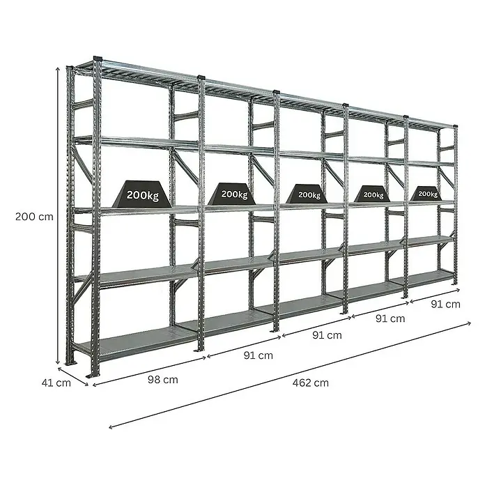 Proregal Metallregal Fachbodenregal PROXIMO 1x Grundregal + 4x Anbauregal - Traglast pro Boden: 200 kg, Anzahl Böden: 5 Stk., Stecken, Verzinkt - Lagerregal aus Metall mit mehreren Ebenen und Gewichtsangaben. Ideal zur Lagerung von Waren und Materialien im Lager oder der Werkstatt.