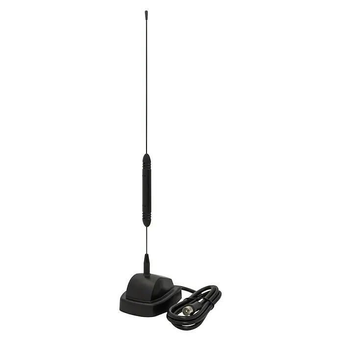 Megasat DVB-T Stabantenne M95 - L x B x H: 75 x 55 x 335 mm, Verstärker: Aktiv 18 dB, 5 V DC - Eine schwarze magnetische Autoantenne mit Kabel und Stecker, ideal für verbesserten Radioempfang.