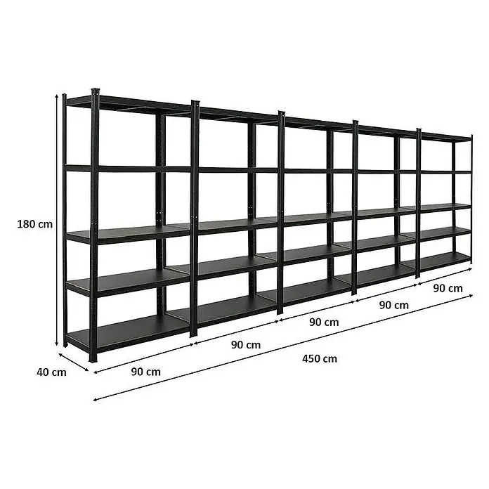 Proregal Metallregal Wohnregal Mega Deal Ragnar - H x B x T: 180 x 90 x 40 cm, Traglast pro Boden: 100 kg, Anzahl Böden: 4 Stk., Stecken, Schwarz - Abbildung eines schwarzen Metallregals mit den Maßen 180 cm Höhe, 40 cm Tiefe und 450 cm Breite, bestehend aus fünf Regaleinheiten.