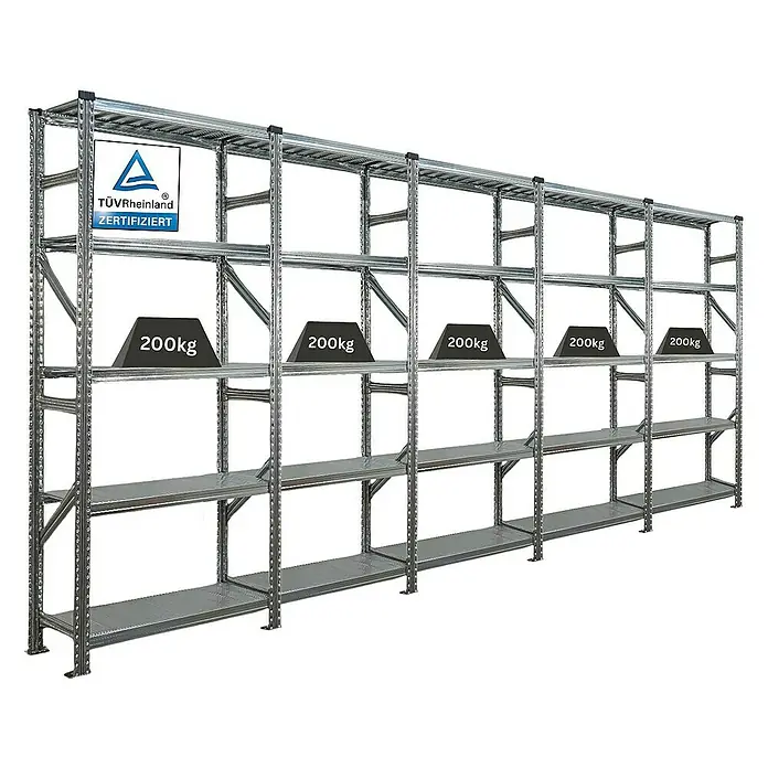 Proregal Metallregal Fachbodenregal PROXIMO 1x Grundregal + 4x Anbauregal - Traglast pro Boden: 200 kg, Anzahl Böden: 5 Stk., Stecken, Verzinkt - Das Bild zeigt ein stabiles Schwerlastregal mit fünf Regalebenen, ideal für Lagerhaltung und Organisation.