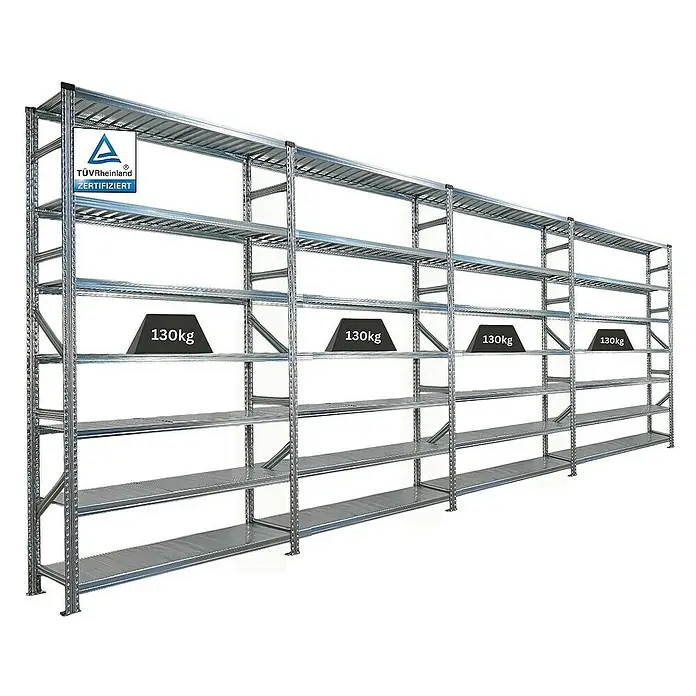 Proregal Metallregal Fachbodenregal PROXIMO 1x Grundregal + 3x Anbauregal - Traglast pro Boden: 200 kg, Anzahl Böden: 7 Stk., Stecken, Verzinkt - Metallregal mit mehreren Ebenen, zertifiziert und belastbar mit 130 kg pro Ebene. Ideal für Lagerung und Organisation.